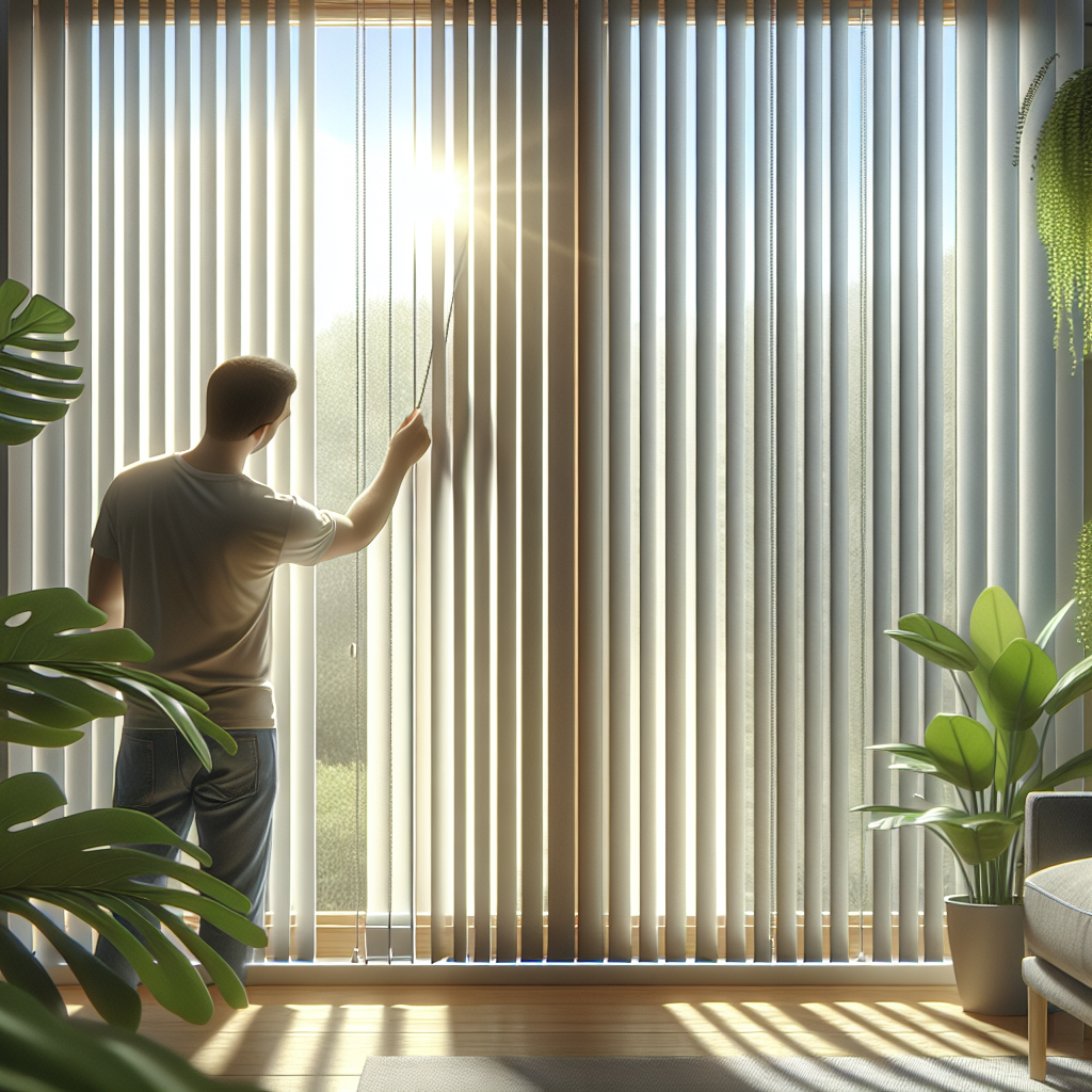 how to repair vertical blinds at home - Well-maintained vertical blinds indoors showing clean slats sunlight filtering throug...