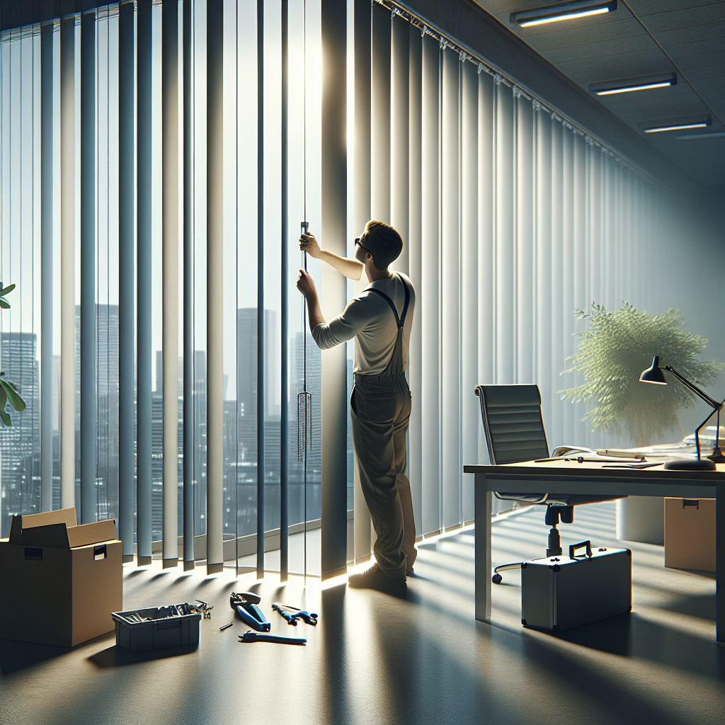 how to repair vertical blinds at home - Technician professionally repairing vertical blinds using specialized tools inside br...